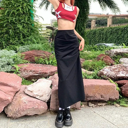 liwuka Vintage Cargo Skirt Women Ruffle Y2k Fashion Slit Skirts Streetwear Casual Solid Summer Long Skirt Aesthetics A-line