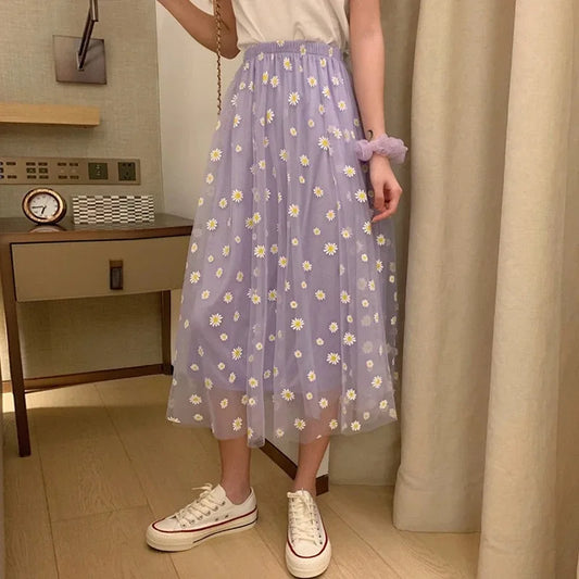 liwuka Korean Style Summer 2024 Daisy Print Purple Skirt Female Long High-Waisted A- Line Skirt Elastic Street Wear