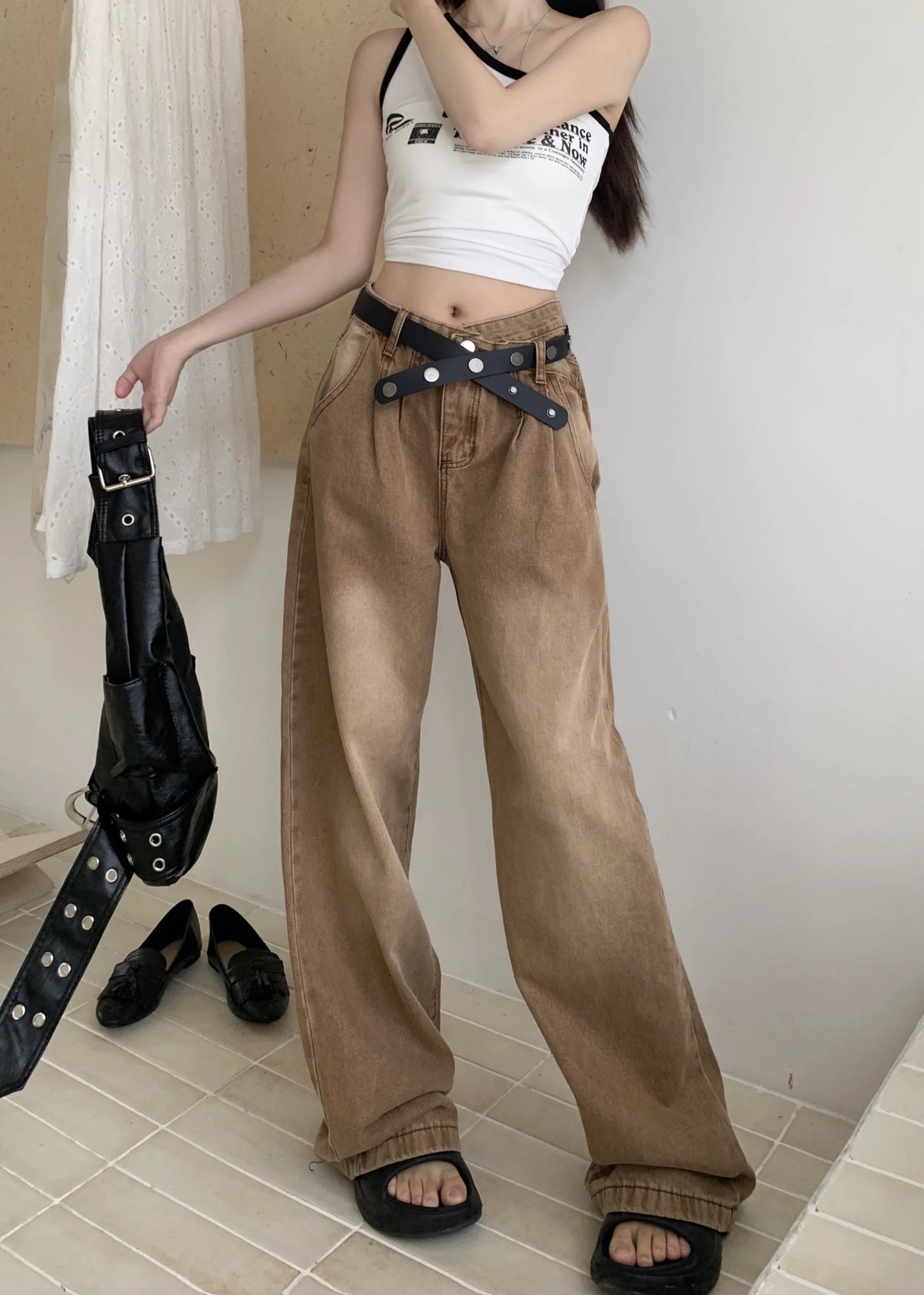 liwuka New Solid Color Slim Belt Women Jeans Simple Basic Dark Brown Straight Pants Chicly Fashion Street Casual Loose Woman Jeans