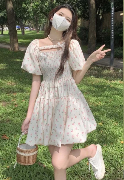 liwuka Summer Korean Fresh Pleated New Vestidos Square Neck Floral Puff Dress for Women Short Slim Waist Flower Bud Dresses