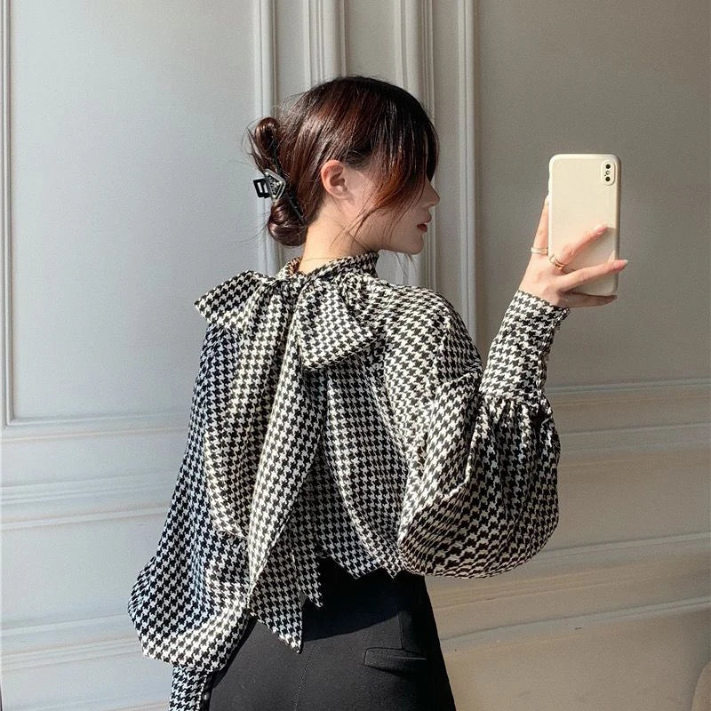 liwuka Houndstooth Bow Chiffon Shirt Women Vintage Elegant Print Bandage Lantern Sleeve Blouses Office Lady Korean Thin Loose Top