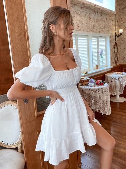 liwuka White Summer Dress Backless Lace Up Ruffles Ruched Solid Tie Back Flounce Dress Puff Sleeve Elegant Dress