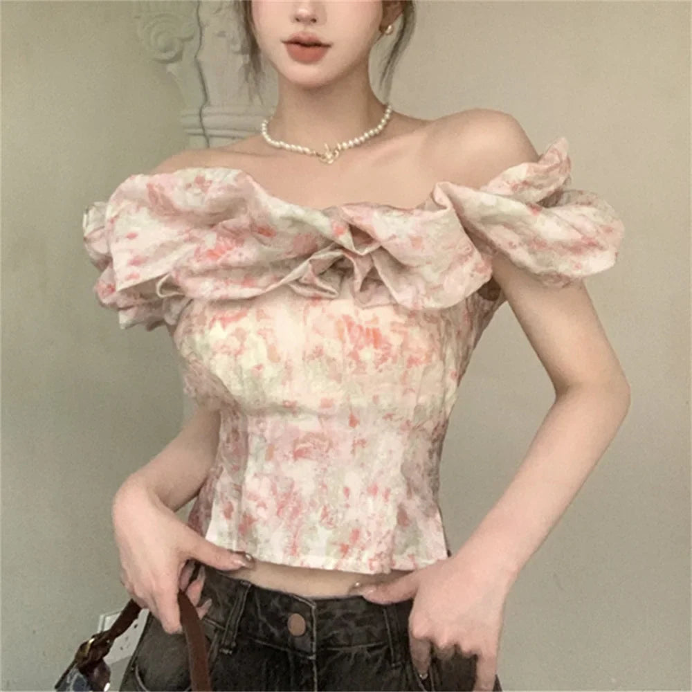 liwuka S-M Women Slash Neck Florals Blouses Summer Off Shoulders Short Sleeve Sweet Party Ruffles Slim New Daily Mujer