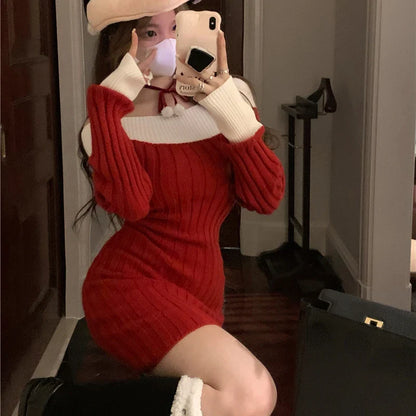 liwuka Christmas Sexy Red Christmas Dress Women Autumn Winter Korean Style Slash Neck Bodycon Knitted Dresses Female Elegant Y2k Party Mini Dress