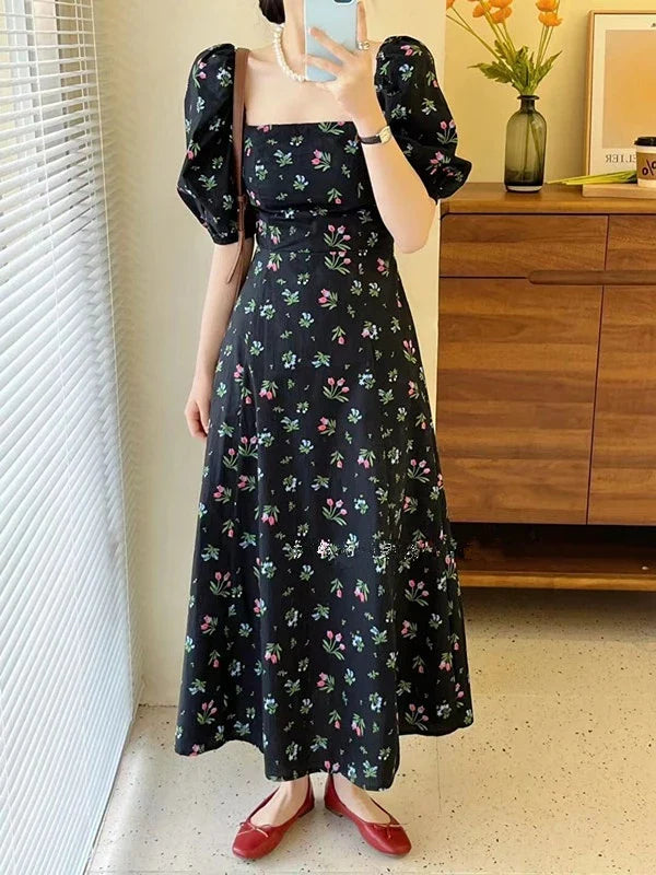 liwuka Korean Chic Summer Simple Dress for Women Square Collar Slim Waist A-line Dresses Sweet Puff Sleeve Floral Long Vestidos