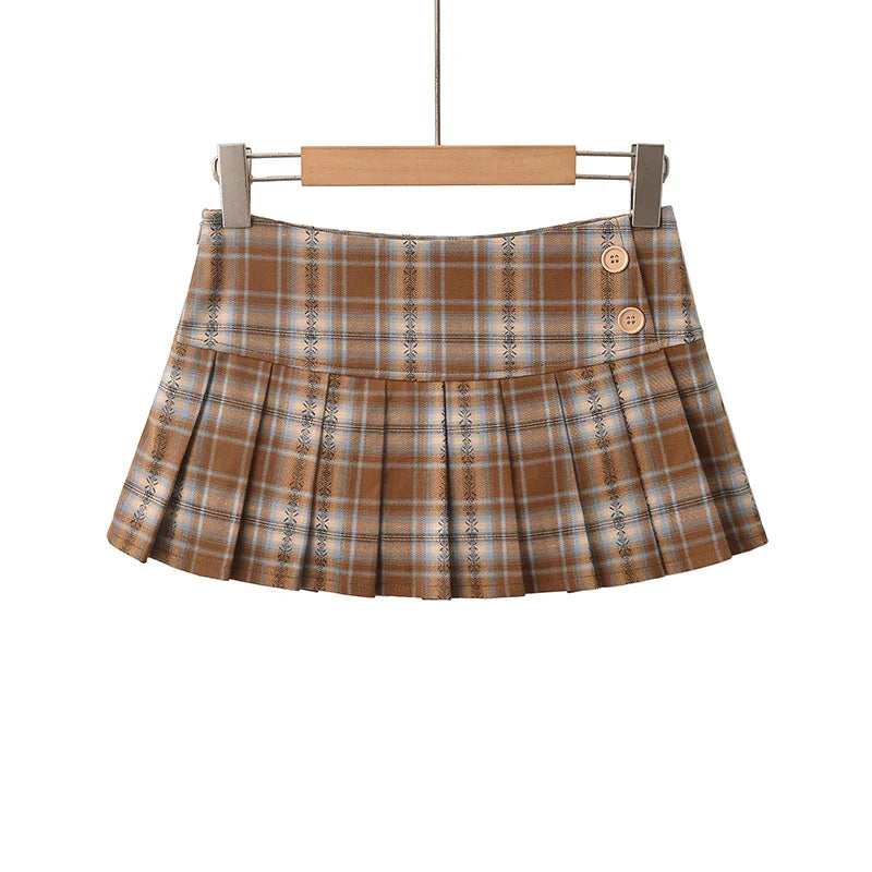 liwuka Mini Skirts For Woman Korean Fashion Khaki Plaid Skirts Women Y2k Clothes Low Waist Skirt Harajuku Vintage Pleated Skirts Preppy