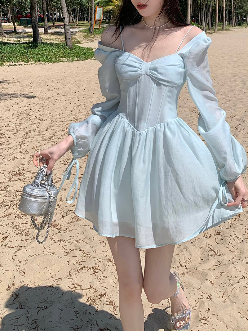 liwuka Long Sleeve Dress Female Blue Sweet A-Line Summer High Waist Vintage Slim Fairy Dress Princess Dress Sundress Beachwear Holiday Fairy Dress