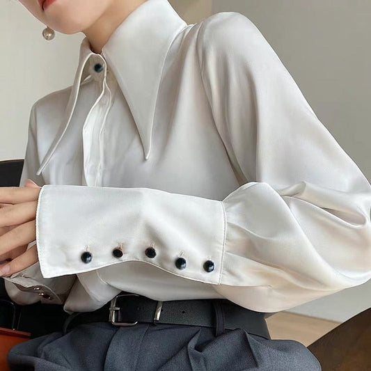 liwuka Autumn Vintage Satin Silk Women Shirt Elegant Turn Down Collar Woman Blouse White Long Sleeve Ladies Shirts Tops Blusas 16946