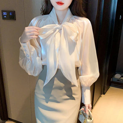 liwuka Korean Style Shirt Female Big Bow Tie Blouse Retro Lantern Long-Sleeved Elegant Blouses Women Spring New Pink Organza Tops