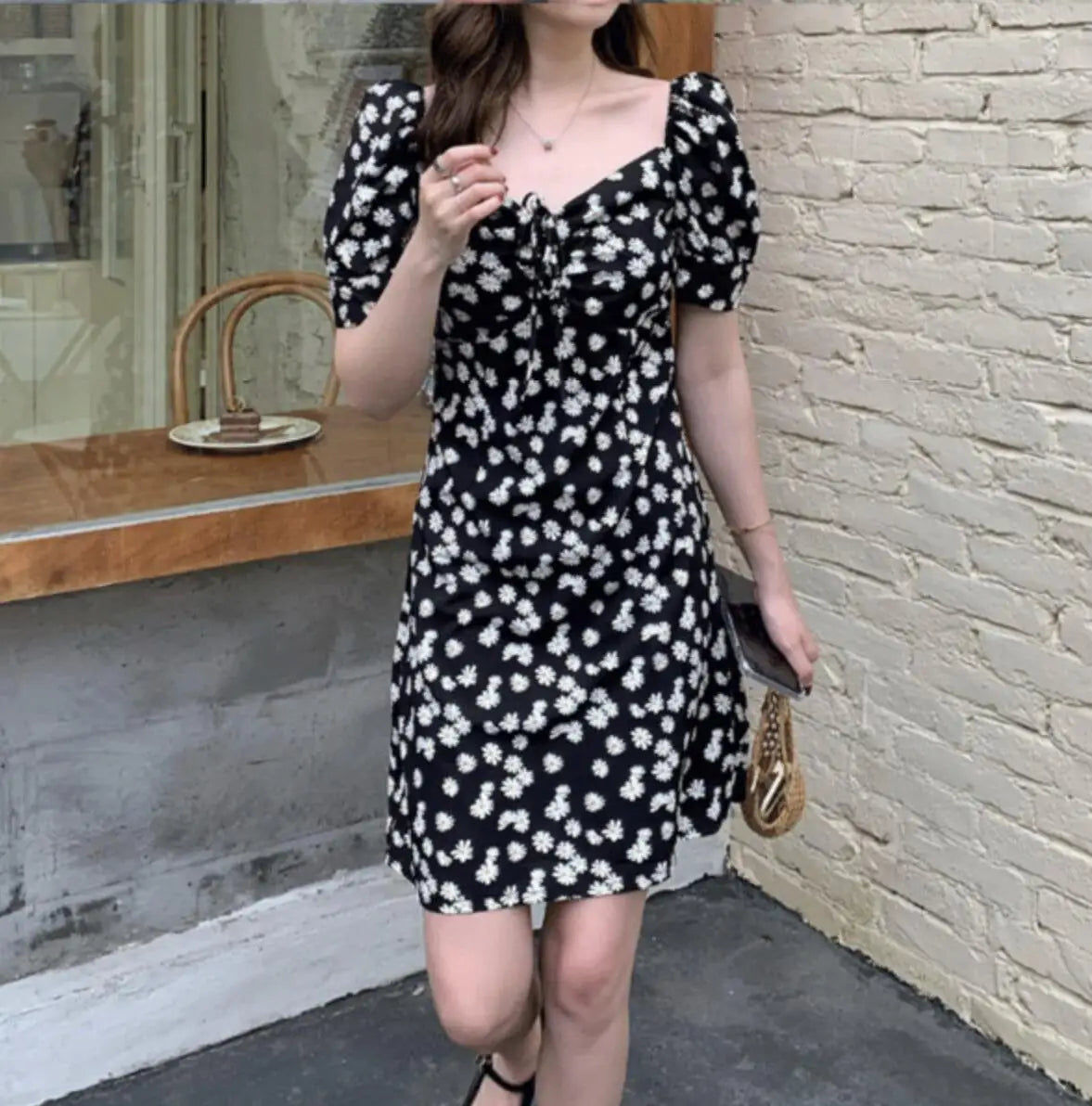 liwuka Women Black With Daisy Flower Print Bow Lacing Up Ruched Square Collar Mini Robe Holiday Summer Short Puff Sleeve Robe