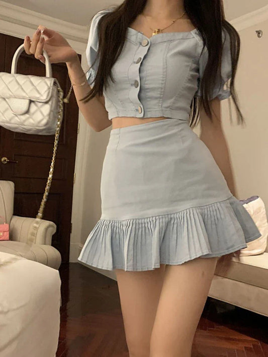 liwuka Summer Blue Kawaii Two Piece Skirt Set Women Solid Designer Party Mini Skirt Suit Female Korean Fashion Elegant Sweet Set