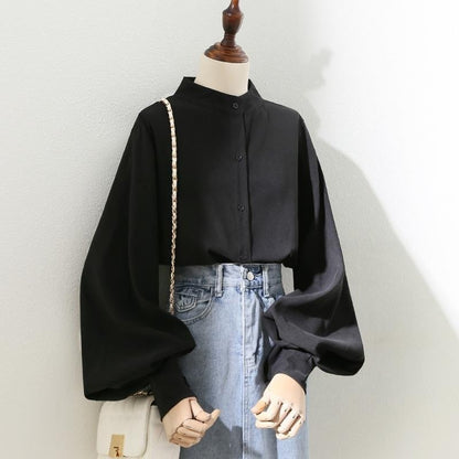 Woman Spring Autumn Style Blouses Shirt Lady Long Lantern Sleeve Stand Collar Loose Blusas Tops