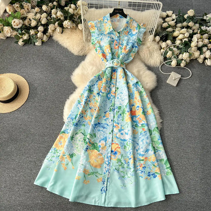 liwuka New Fashion 2024 Summer Holiday Long Dress Women's Gorgeous Sleeveless Turn Down Neck Floral Print Belt Robe Beach Vestidos