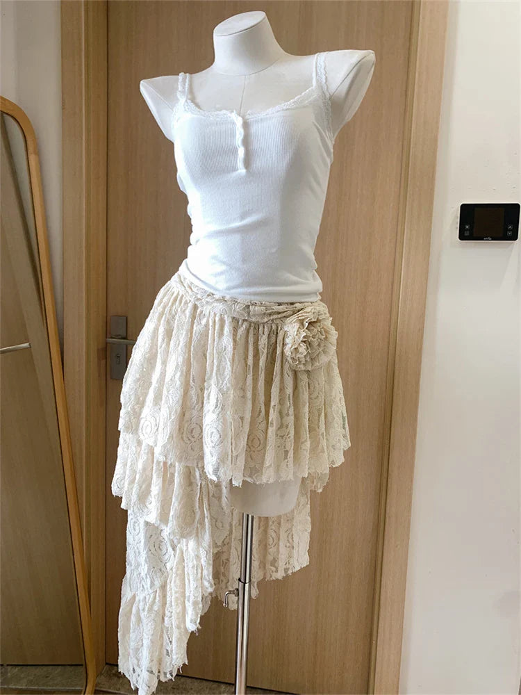 liwuka Women's Off White A-line Lace Skirt Vintage Y2k Irregular Mini Skirt Harajuku Korean Fashion Elegant Skirt 2000s Clothes Summer