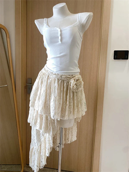 liwuka Women's Off White A-line Lace Skirt Vintage Y2k Irregular Mini Skirt Harajuku Korean Fashion Elegant Skirt 2000s Clothes Summer