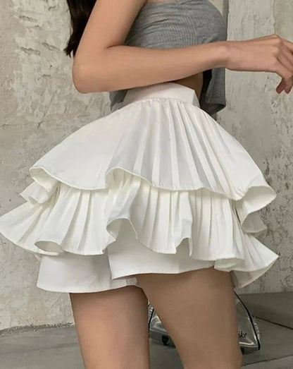 liwuka Woman Solid Y2K Pleated White Skirt 2024 Summer High Waist Layered Ruffles Mini Skirt Preppy Style Fashion Faldas Para Mujeres