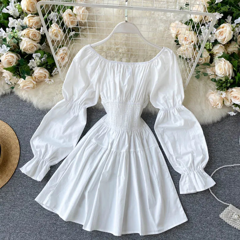 liwuka Autumn Dress Elegant Gothic Women White Black Bandage Mini Dress Sexy Off Shoulder Long Sleeve Korean Party Vestidos