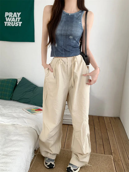 liwuka Hot Girls Summer Hole T-Shirts New Women Slim Sexy Casual 2024 Wide Leg Pants Mopping Office Lady High Street Fashion