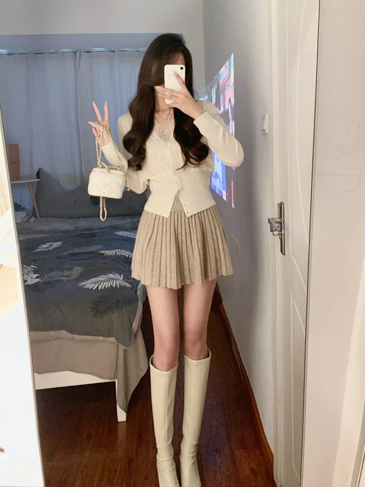 liwuka Spring 2 Piece Dress Set Women Korean Fashion Y2k Clothing Sweet Cardigan + Mini Skirts Elegant Bodycon Knitted Suits Chic