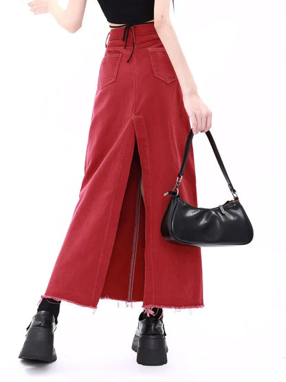 liwuka Women's Red Gothic A-line Denim Skirt with Slit Vintage Y2k Long Cowboy Skirts Harajuku Korean Jean Skirt 2000s Clothes Summer