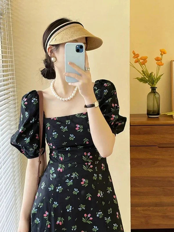 liwuka Korean Chic Summer Simple Dress for Women Square Collar Slim Waist A-line Dresses Sweet Puff Sleeve Floral Long Vestidos