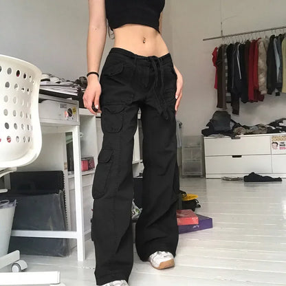 liwuka Button Low Waist Y2K Denim Pants Women Pockets Stitching Straight Cargo Pants Vintage Casual Gray Streetwear Jeans