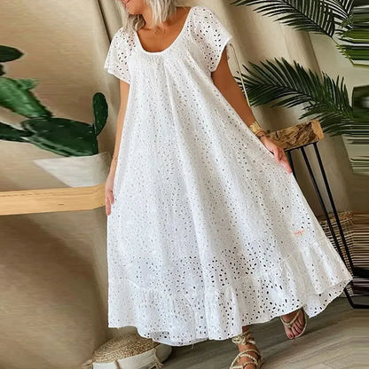 liwuka Summer Solid Color Short Sleeve Dress Female Casual Lace Crochet Pleated Maxi Dress New Fashion Hollow Out Backless Loose Dress