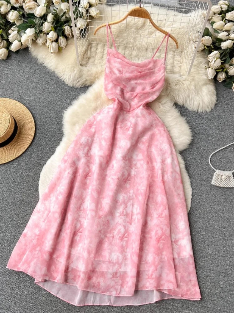 liwuka Women Pink Beach Dress Summer Sleeveless Hollow Out High Waist A-line Floral Printing Chiffon Dresses Ladies Casual Long Robe