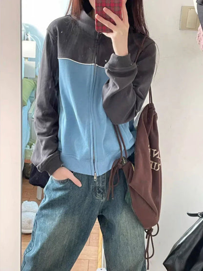 liwuka Korean Hippie Blue Zip Up Sweatshirt Women Harajuku Kpop Oversize Hoodie Female Tracksuit  Streetwear Patchwork Tops