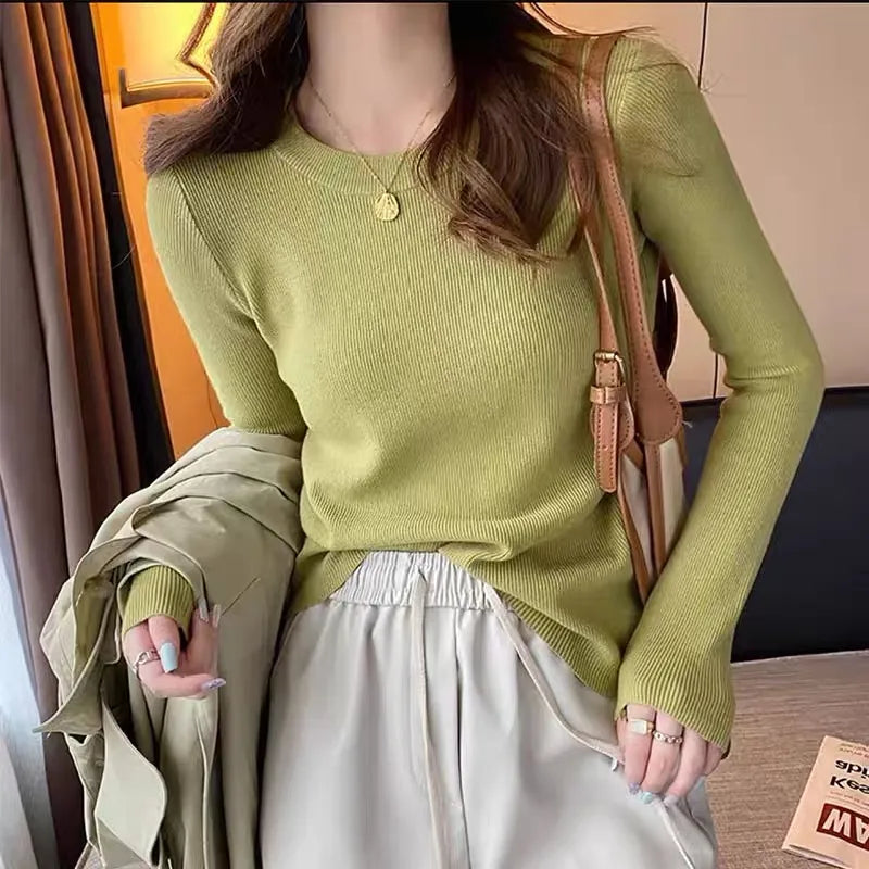 liwuka Korean Fashion Women Round Neck Sweaters Knitted Long Sleeve Pullovers Autumn Winter Bottoming Shirts Soft Inner wear Jumper Top