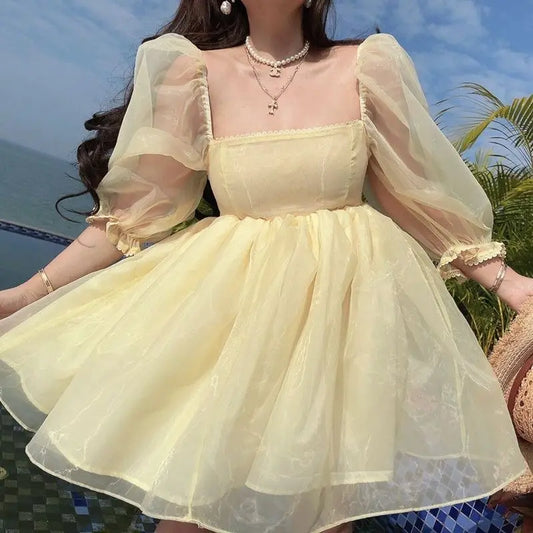 liwuka Dress Organza Square Collar Puff Sleeve Yellow 2024 Woman Sweet Summer Retro Elegant Fluffy Dress Korean Mini Princess Dress