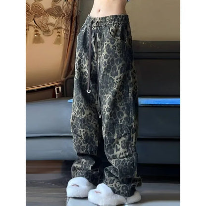 liwuka Vintage Baggy Leopard Jeans Woman Spring Streetwear Gyaru Harajuku Wide Denim Pants Casual Trashy Y2k Loose Trousers