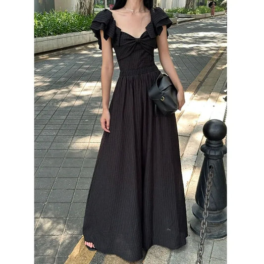 liwuka Korean Fashion Flying Sleeves Bow Hepburn French Retro Dress Summer Solid High Grade Black Dress Female Clothing