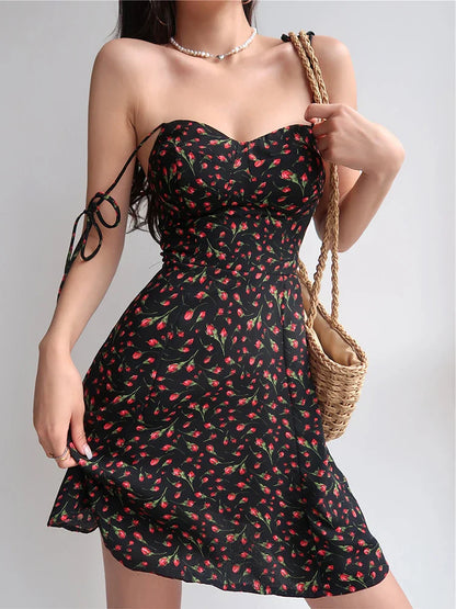 liwuka Summer Y2K Retro Floral Strap Bow Black Dress Mini Fashion Aesthetic Club Party Sexy Dresses for Women A-line Outfits