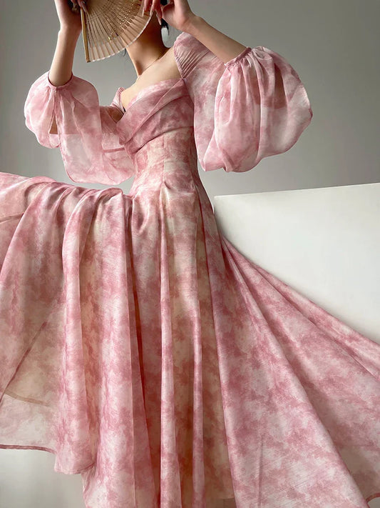 liwuka Pink Floral Dress Summer Woman Long Sleeve Chiffon Casual Midi Dress Even Party Elegant Flormal Dress Beach Style Summer