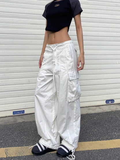 liwuka American White Spicy Girl Workwear Pants, Women'S Design Sense, Drawstring Pockets, Loose Fitting Wide Leg Casual Pants