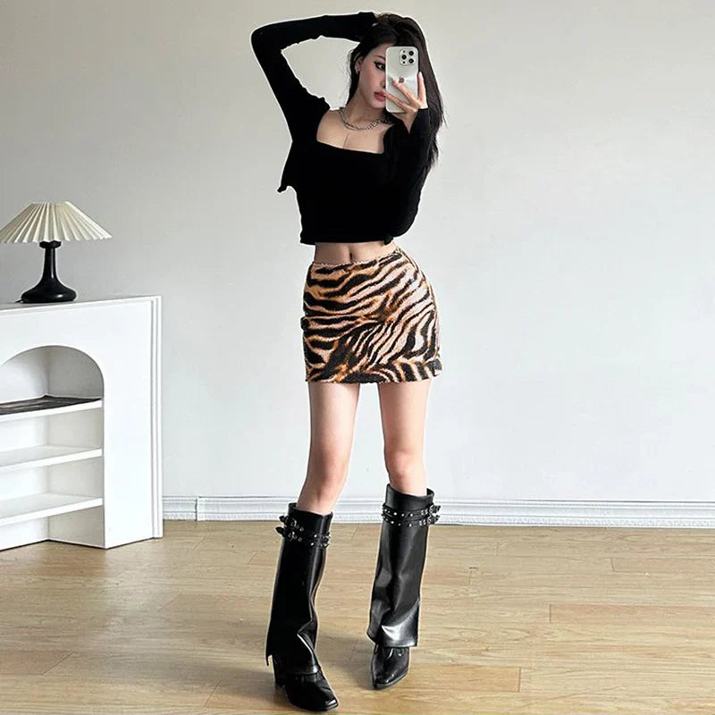 liwuka High Street Leopard Print Mini Skirt Women Fashion Y2k Sequin Sexy High Waist Slim A-line Skirt Party Night Club Summer