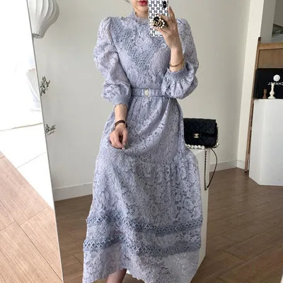 liwuka Retro Court Style Round Neck Lace Dress Hook Flower Design Loose Puffed Sleeves MIDI Skirt Elegant Swing Dress With Belt