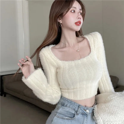 liwuka Autumn Winter Knitting Crop Tops Women Skinny Sweaters Bottom Shirts Fashion Female Long Sleeve Pullover Casual Knitted Sweater