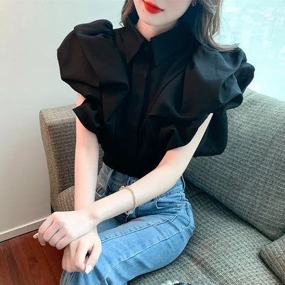 liwuka Black Lantern Short Sleeve Blouse Camisas Wild Casual Blusas Mujer De Moda 2024 New White Shirts for Women Clothes Crop Tops