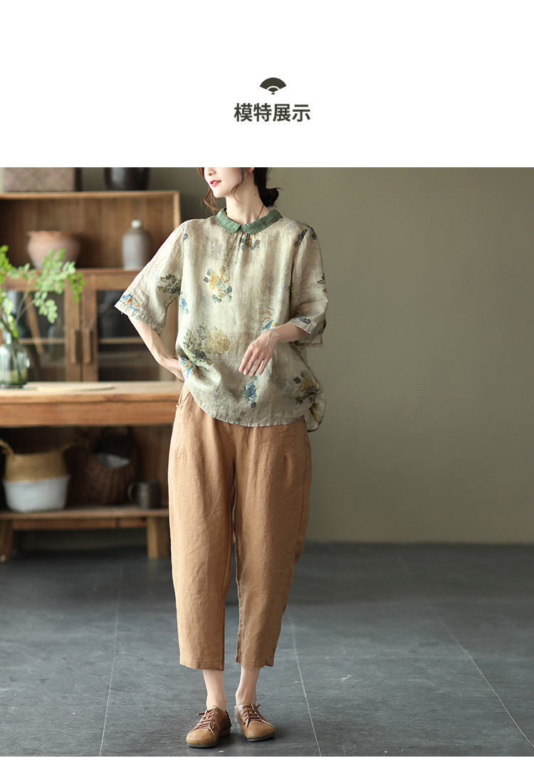 liwuka Women Summer Casual Shirts New Vintage Style Floral Print Loose Comfortable Cotton Linen Female Half Sleeve Tops