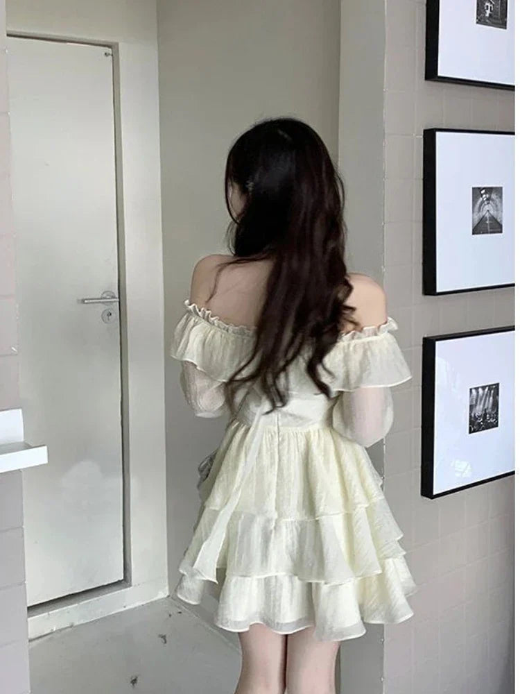 liwuka Long Sleeve Elegant Mini Dress Lolita Pure Color Short Party Dress Woman Casual Spring Sweet One Piece Dress Korean Fashion