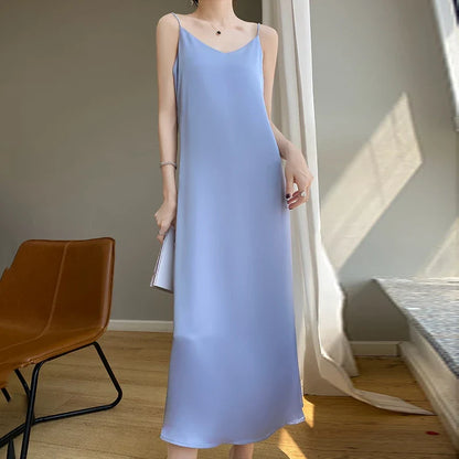 liwuka Silk High-Grade Dress New Spring/Summer Sleeveless V-Neck Dress Vest Slip Skirt Silk White With High-Grade Temperament