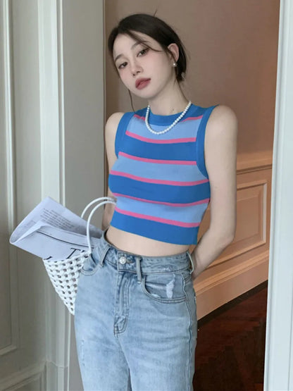 liwuka Fashion Spring Summer Corset Top Striped Knitted Sleeveless Top High Waist Short Vest T-shirt Tops Tank Top Tops for Women