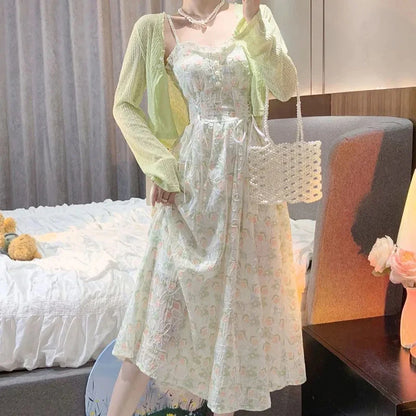 liwuka Spring Summer Elegant Y2k Midi Dress Women Casual Lace One Piece Dress Korean Sweet Vintage Floral Dress Party 2 Piece Set