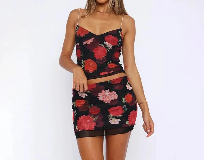 liwuka European and American Women's Clothing New Mesh Flower Print Small Suspender Skirt Two-piece Summer Vacation Skirt Set