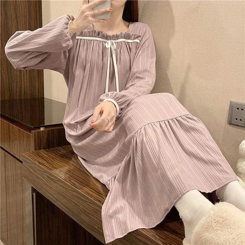 liwuka Long-Sleeved Nightgown Female Spring And Autumn Summer Students Princess Wind Big Size Dress Nightgown Pajamas Homewear