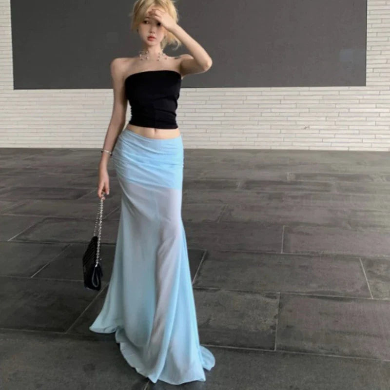 liwuka Elegant Sexy Tulle Long Skirt Women Coquette Fashion Transparent Skirt Blue Sweet A-line Solid Aesthetics Casual Skirts