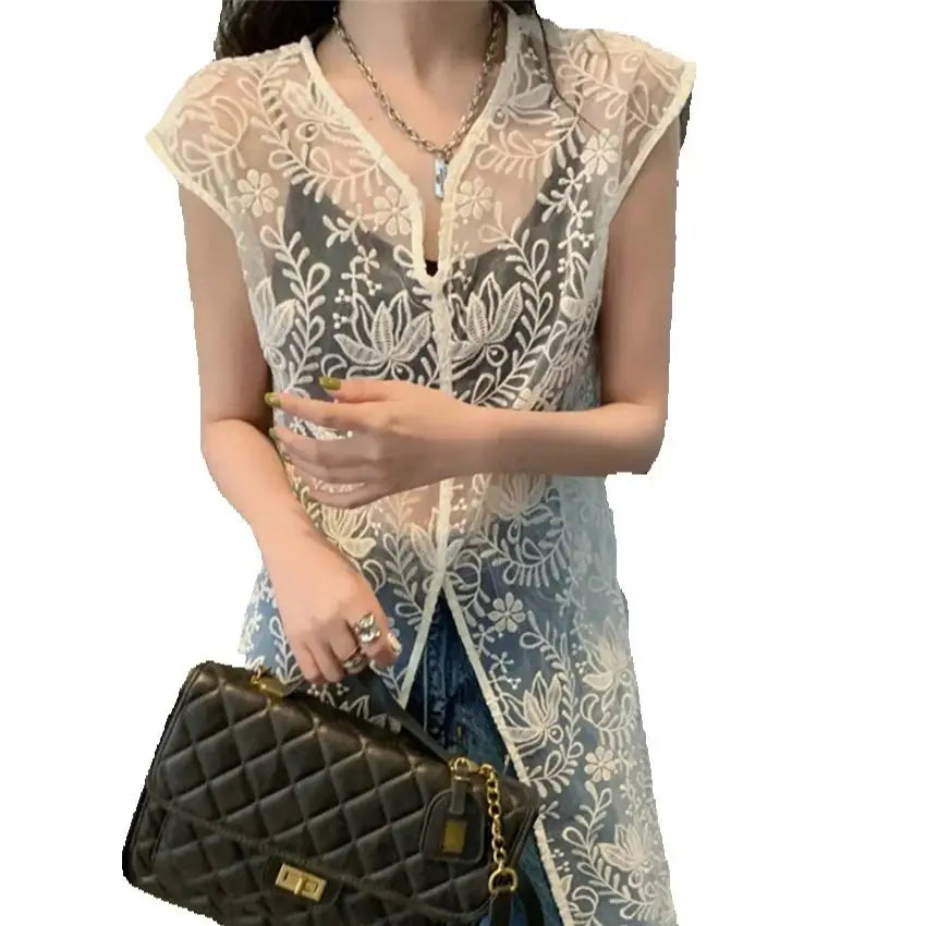 liwuka Apricot Women Vest Dress Hook Flowers Women 2024 Summer Casual Sweet Mujer OL Chic Lace Hollow Out Slim New Office Lady