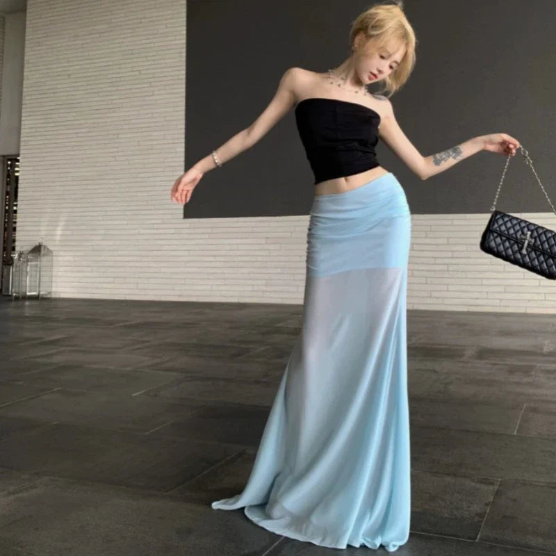 liwuka Elegant Sexy Tulle Long Skirt Women Coquette Fashion Transparent Skirt Blue Sweet A-line Solid Aesthetics Casual Skirts